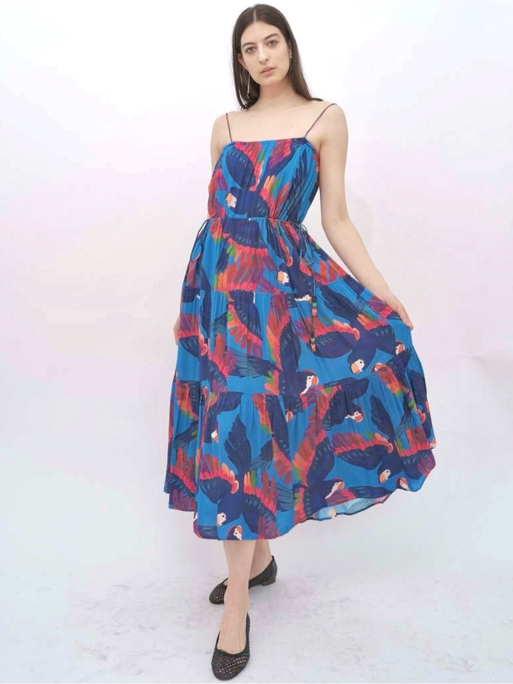 FARM RIO Tropical Print Blue Pink Tiered Skirt Tassel Tie Light Midi Maxi Dress